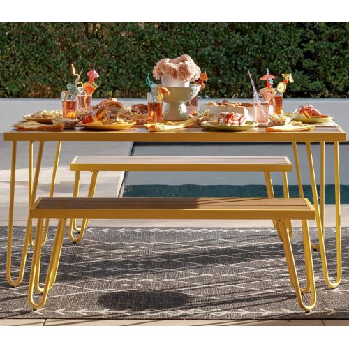  Novogratz 88192YNOE Poolside Paulette Outdoor Table and Bench Set, Yellow