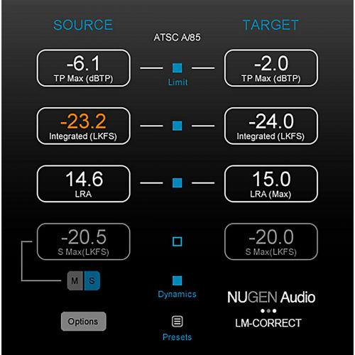  NuGen Audio},description:With the introduction of optional dynamic processing extension in-LM-Correct 2, even complex recommendations like EBU R128 S1 can be met with great soundin