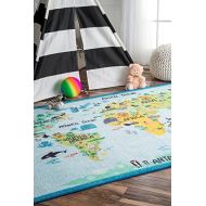 nuLOOM Animal World Map Kids Rug, 3 3 x 5, Baby Blue