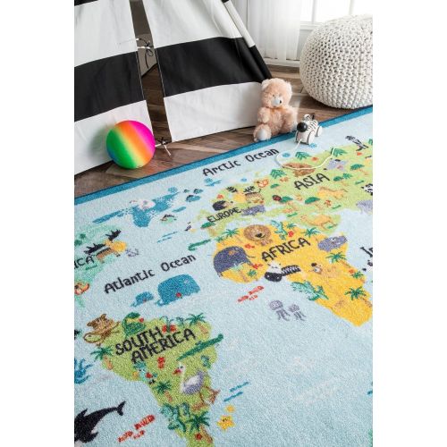  nuLOOM Animal World Map Kids Rug, 3 3 x 5, Baby Blue