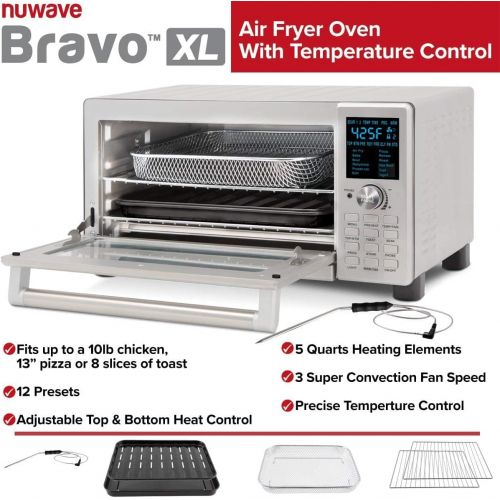  NUWAVE Bravo Air Fryer Toaster Smart Oven, 12-in-1 Countertop Convection, 30-QT XL Capacity, 50°-500°F Temperature Controls, Top and Bottom Heater Adjustments 0%-100%, Brushed Stai