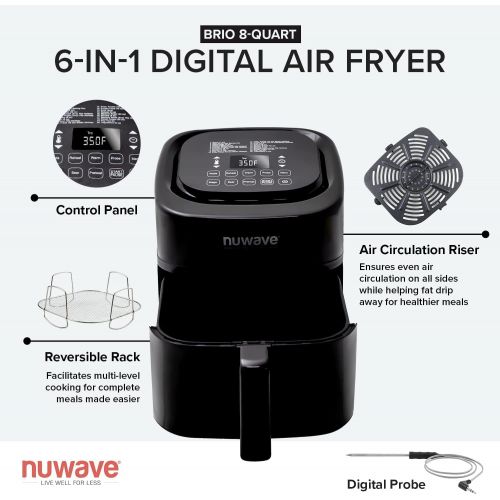  NUWAVE Brio 6-in-1 Air Fryer Oven Combo, 8-Qt X-Large Size, Fit up to 3 LBS. of Fries or 5 LB. Chicken, Non-Stick Air Circulation Riser & Never-Rust Reversible Stainless Steel Rack