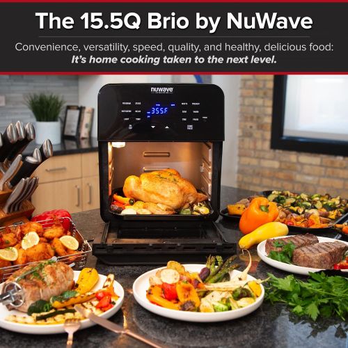  NUWAVE Brio Air Fryer Smart Oven, 15.5-Qt X-Large Family Size, Countertop Convection Rotisserie Grill Combo, SS Rotisserie Basket & Skewer Kit, Reversible Ultra Non-Stick Grill Gri