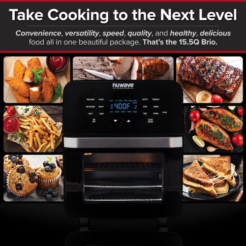  NUWAVE Brio Air Fryer Smart Oven, 15.5-Qt X-Large Family Size, Countertop Convection Rotisserie Grill Combo, SS Rotisserie Basket & Skewer Kit, Reversible Ultra Non-Stick Grill Gri