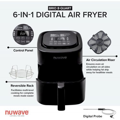  [아마존베스트]NuWave Brio 6-Quart Air Fryer with App Recipes (Black) includes basket divider, one-touch digital controls, 6 easy presets, wattage control, and advanced functions like SEAR, PREHE