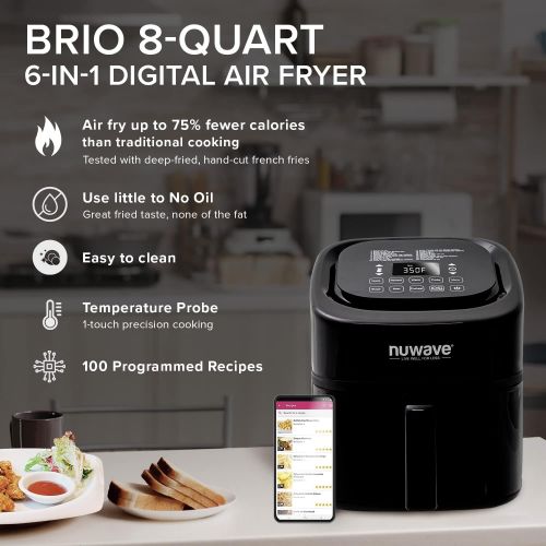  [아마존베스트]NuWave Brio 6-Quart Air Fryer with App Recipes (Black) includes basket divider, one-touch digital controls, 6 easy presets, wattage control, and advanced functions like SEAR, PREHE