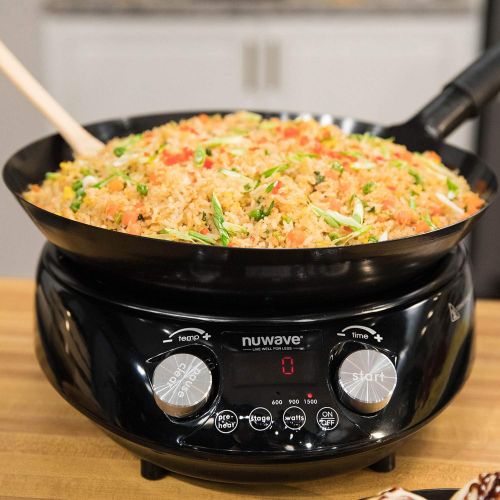  NUWAVE MOSAIC Induction Wok with 14-inch carbon steel wok with tempered glass lid; precision temperature control from 100F to 575F, Wattage control (600W, 900W & 1500W)
