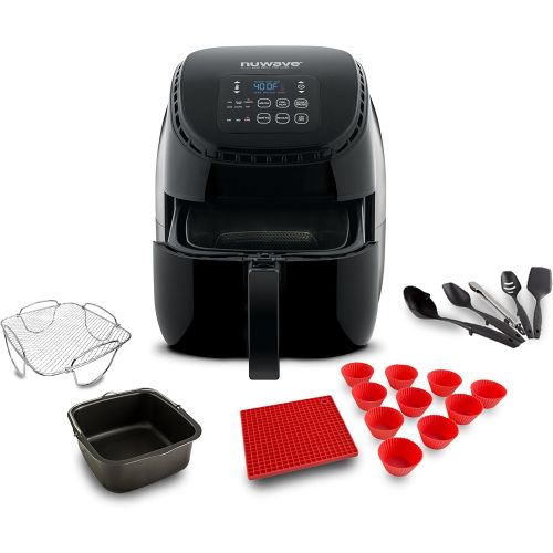  NuWave 36019 Brio Air Fryer 3Qt Black WBaking Pot, Reversible Rack, Silicone Trivet, Cupcake Liners & 5 Piece Utensil Set