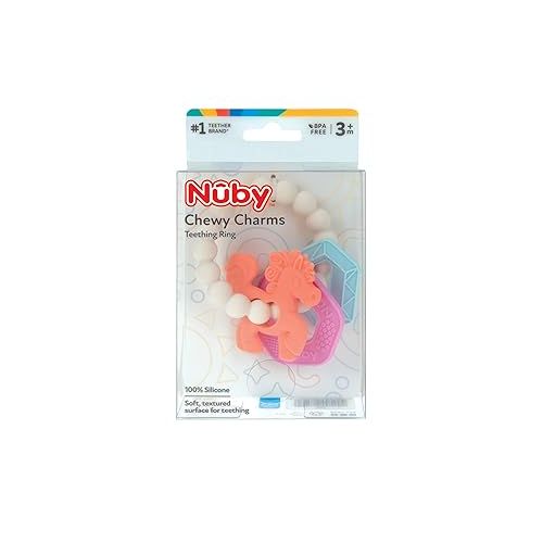  Nuby Chewy Charms Silicone Teether with Coral Unicorn, 1 Count (Pack of 1)
