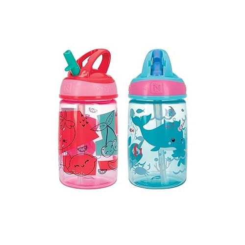  Nuby Flip-it Kids On-The-Go Printed Water Bottle with Bite Proof Hard Straw - 12oz / 360 ml, 18+ Months, Prints May Vary, 2-Pack