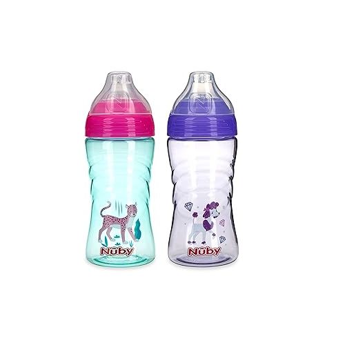  Nuby 2 Pack No Spill Printed Thirsty Kids No-Spill Sip-it Sport Cup with Soft Spout and Lid - 12oz, 12+ Months,2 Count(Pack of 1),Print May Vary