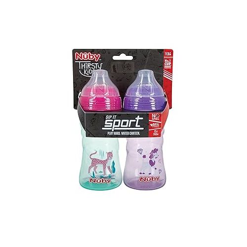  Nuby 2 Pack No Spill Printed Thirsty Kids No-Spill Sip-it Sport Cup with Soft Spout and Lid - 12oz, 12+ Months,2 Count(Pack of 1),Print May Vary