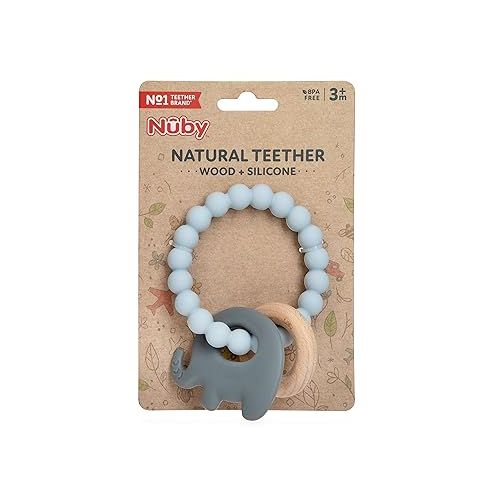  Nuby Natural Wood & Silicone Teether Ring: 3 M+, Elephant, Gray