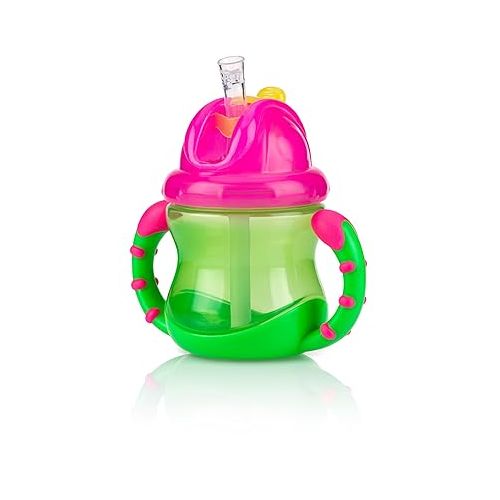  Nuby Two-Handle Flip N' Sip Straw Cup, 8 Ounce, Green with Pink