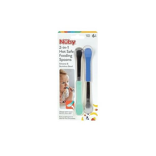  Nuby 2-in-1 Hot Safe Feeding Spoons - (2-Pack) Spoons for Babies 6+ Months - Blue and Aqua