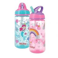 Nuby 2 Pack Iridescent PP Flip-it Kids On-The-Go Printed Water Bottle with Bite Proof Hard Straw - 18oz / 540 ml, 18+ Months, 2 pk, Mermaid & Rainbow Print