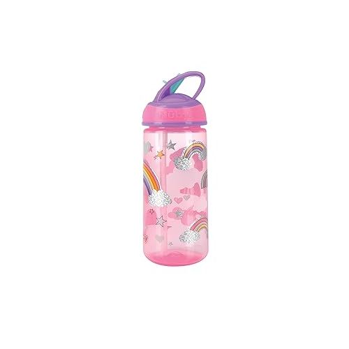  Nuby 2 Pack Iridescent PP Flip-it Kids On-The-Go Printed Water Bottle with Bite Proof Hard Straw - 18oz / 540 ml, 18+ Months, 2 pk, Mermaid & Rainbow Print