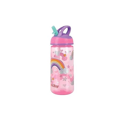  Nuby 2 Pack Iridescent PP Flip-it Kids On-The-Go Printed Water Bottle with Bite Proof Hard Straw - 18oz / 540 ml, 18+ Months, 2 pk, Mermaid & Rainbow Print