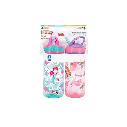  Nuby 2 Pack Iridescent PP Flip-it Kids On-The-Go Printed Water Bottle with Bite Proof Hard Straw - 18oz / 540 ml, 18+ Months, 2 pk, Mermaid & Rainbow Print