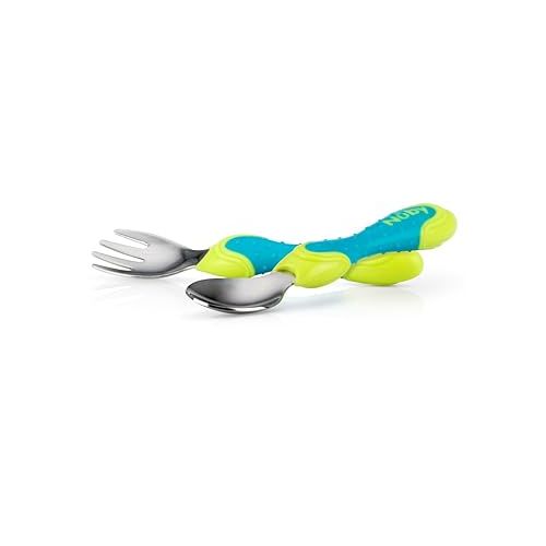  Nuby 2 Piece Stainless Steel Utensil, Blue/Green, 2 Count