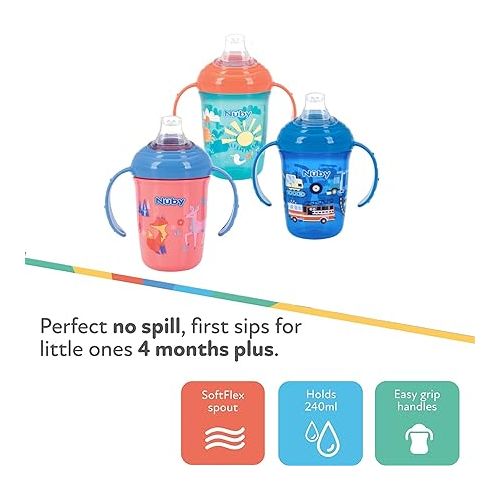  Nuby 2-Handle No-Spill Printed Trainer Cup with Soft Spout and Hygienic Cover - 8oz/ 240 ml, 4+ Months, 1 pk Colors and Prints May Vary