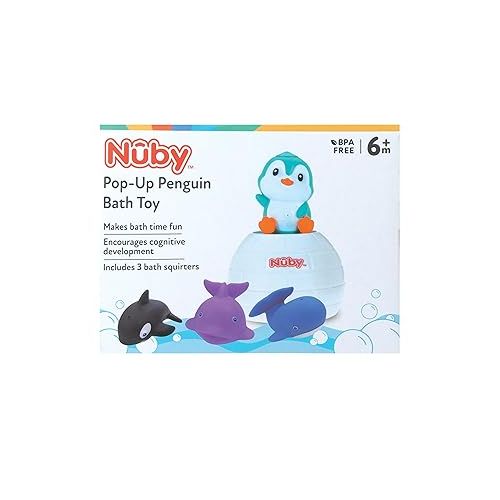  Nuby Pop-Up Penguin Bath Toy with 3 Bath Squirters - Baby Bath Toy for Boys and Girls 18+ Months