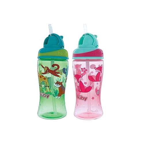  Nuby 2pkThirsty Kids No-Spill Flip-it Printed Boost Cup with Thin Soft Straw - 12oz, 18+ Months, 2 count (Pack of 1) Print May Vary