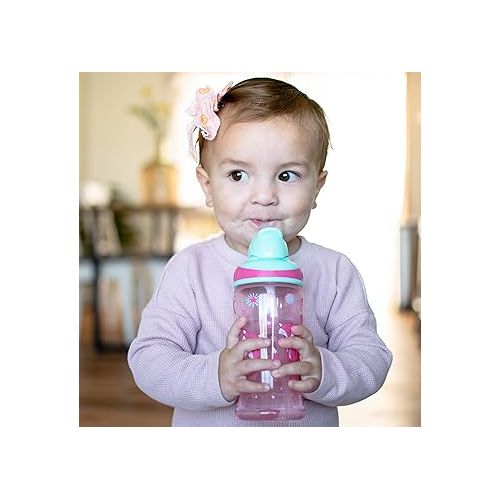  Nuby 2pkThirsty Kids No-Spill Flip-it Printed Boost Cup with Thin Soft Straw - 12oz, 18+ Months, 2 count (Pack of 1) Print May Vary