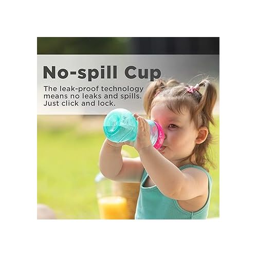  Nuby 3 Piece No-Spill Easy Grip Cup with Flex Straw, Clik It Lock Feature, Girl, 10 Ounce