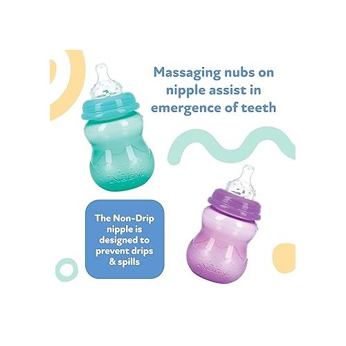  Nuby Wide Neck Non-Drip Bottle - Baby Bottles with Anti-Colic Vari-Flo Valve - (3-Pack) 8 oz - 0+ Months - Yellow, Blue, Green