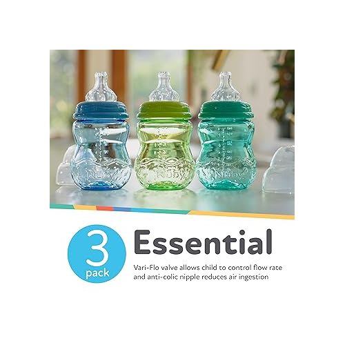  Nuby Wide Neck Non-Drip Bottle - Baby Bottles with Anti-Colic Vari-Flo Valve - (3-Pack) 8 oz - 0+ Months - Yellow, Blue, Green