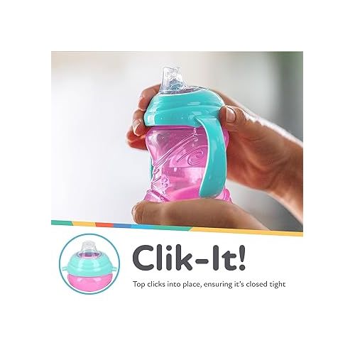  Nuby 3 Piece No-Spill Grip N’ Sip Cup with Silicone Soft Flex Spout, 2 Handle with Clik It Lock Feature, Girl,10 Ounce