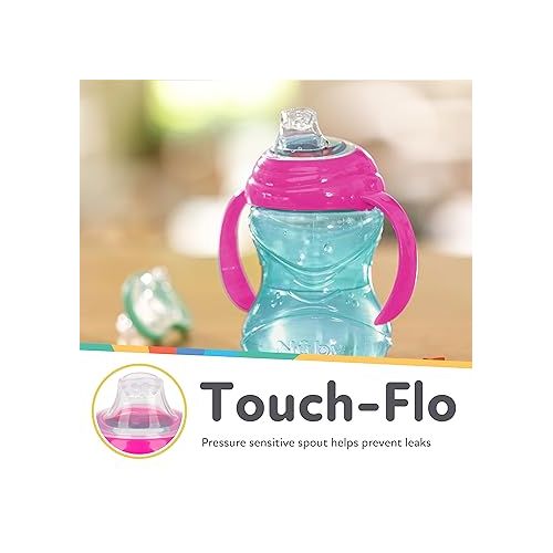  Nuby 3 Piece No-Spill Grip N’ Sip Cup with Silicone Soft Flex Spout, 2 Handle with Clik It Lock Feature, Girl,10 Ounce