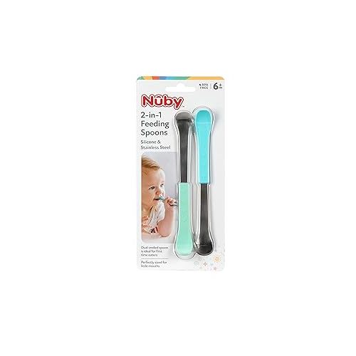  Nuby 2 in 1 Silicone and Stainless Steel Dual Ended Feeding Spoons for Baby, Aqua/Blue