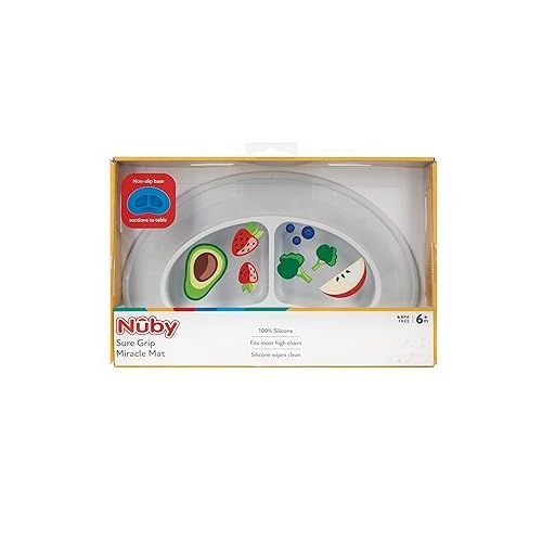  Nuby Sure Grip Miracle Mat 2-Section Plate - BPA-Free Toddler Suction Plate - 6+ Months - Gray