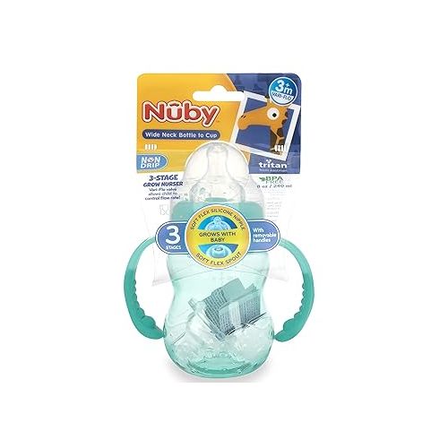  Nuby 3 Stage Tritan Wide Neck Grow with Me No-Spill Bottle to Cup, 8 Oz, Teal