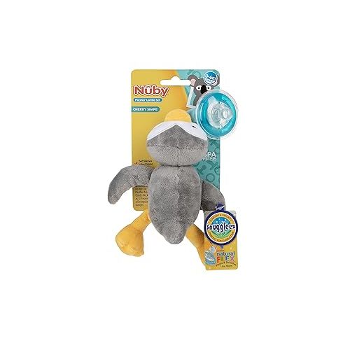  Nuby Calming Natural Flex Snuggleez Pacifier with Plush Combo Set for Cuddling with Comfort, Penguin