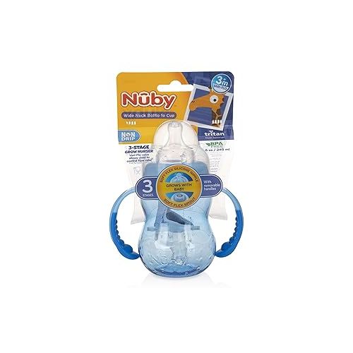  Nuby Non-Drip 3-Stage Wide Neck Bottle to Cup, 8 Ounce, Pack of 1 Cup, Colors May Vary