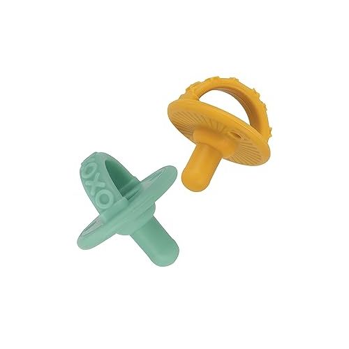  Nuby Sili Soother Baby Pacifiers with Soft Handle and Safety Air Holes - (2-Pack) - 0+ Months - Yellow Stars and Aqua