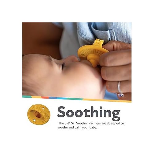  Nuby Sili Soother Baby Pacifiers with Soft Handle and Safety Air Holes - (2-Pack) - 0+ Months - Yellow Stars and Aqua