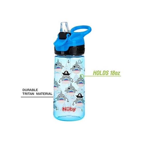  Nuby Push Button Flip-it Soft Spout Tritan Water Bottle, Blue Sharks, 18 Oz