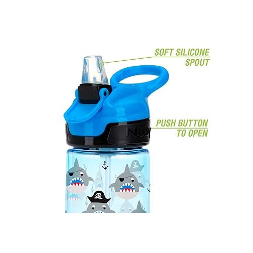  Nuby Push Button Flip-it Soft Spout Tritan Water Bottle, Blue Sharks, 18 Oz