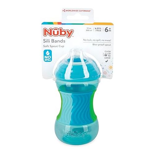  Nuby No Spill Sili Bands 10oz Soft Spout Cup with Textured Easy Grip Silicone Band - Aqua