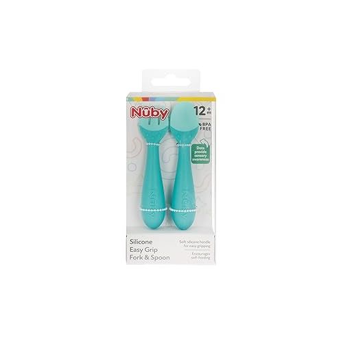  Nuby Silicone Easy Grip Fork & Spoon Set, BPA Free, 12+m in Aqua