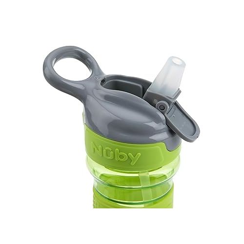  Nuby Thirsty Kids Push Button Flip-it Soft Spout on The Go Water Bottle with Easy Grip Band, Green Cactus, 12 Ounce