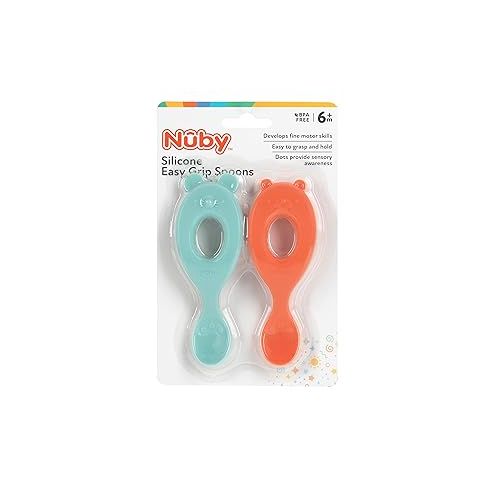  Nuby Silicone Easy Grip Spoons, 2 Pack, 6 M+, Mouse and Bear