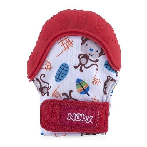  Nuby Soothing Teething Mitten with Hygienic Travel Bag, Red Monkey, 1 Count (Pack of 1)