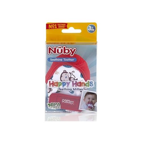  Nuby Soothing Teething Mitten with Hygienic Travel Bag, Red Monkey, 1 Count (Pack of 1)