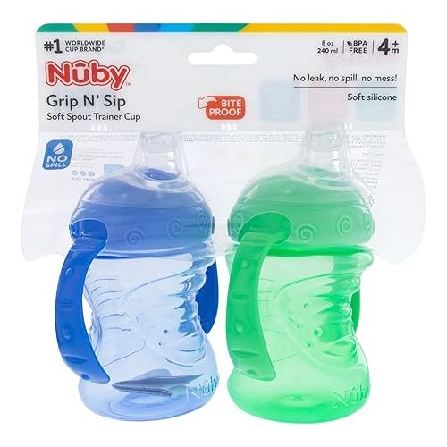  Nuby Plastic 2-Pack No-Spill Super Spout Grip N' Sip Cup, Blue and Green