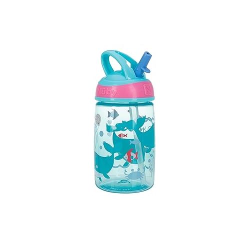  Nuby Flip-it Kids On-The-Go Printed Water Bottle with Bite Proof Hard Straw - 12oz / 360 ml, 18+ Months, 1 Pack of 1 Piece, Prints May Vary